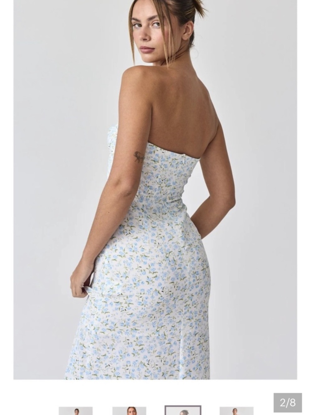 Papermoon White Strapless Midi Dress with Blue Floral Print